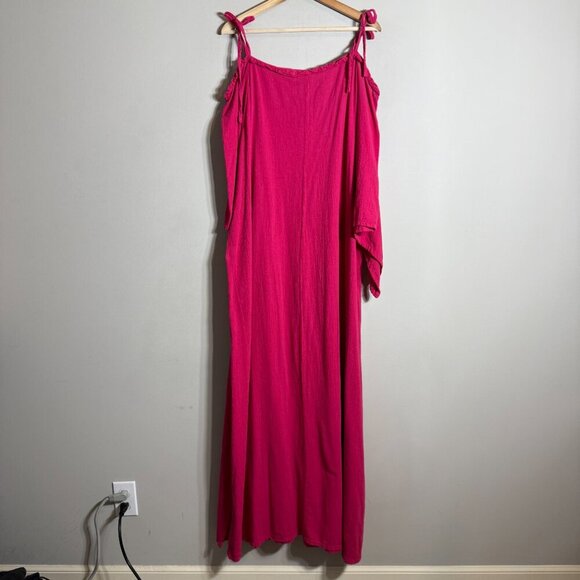Oh My Gauze! Cold Shoulder Maxi Dress Women's 1X Pink Slit Beach Coastal Travel - Picture 11 of 15